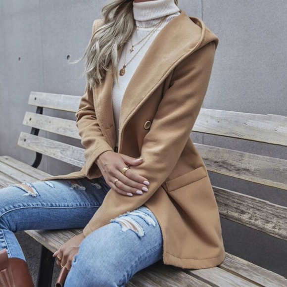 khaki hoodie double breasted fall button pea coat - Picture 2 of 10